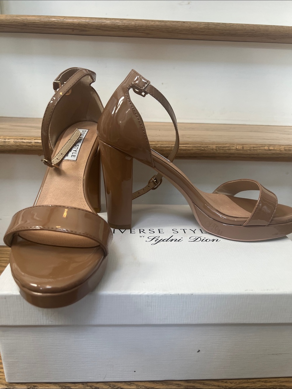 Nude Patent Block Heel Sandals
